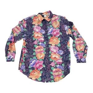 S.G. Sport Women's Small Tropical Floral AOP Swirl Blouse Button Up Retro USA